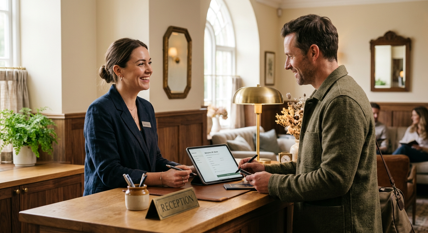 A hotel receptionist welcoming a guest at a boutique hotel front desk